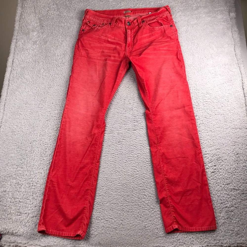 True Religion Ricky Relaxed Straight Jeans Mens 36 (37x33)‎ Red Corduroy Y2K